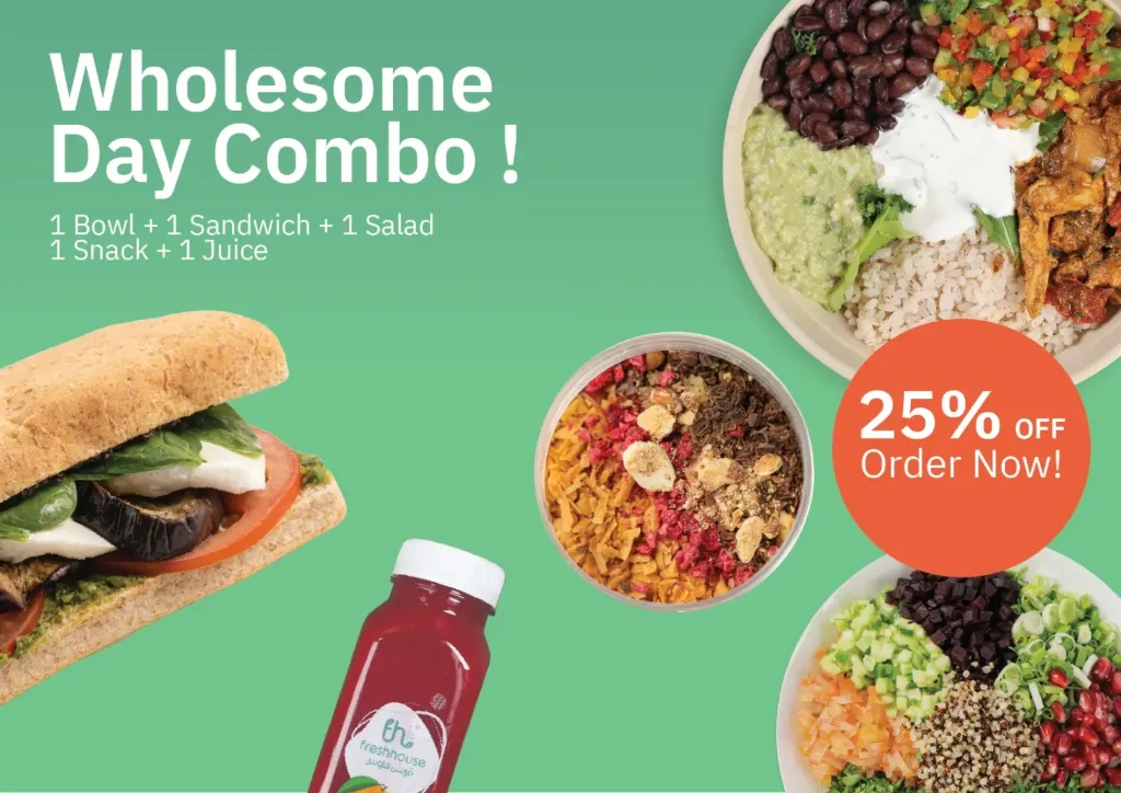 Wholesome Day Combo (Mexican Chicken Bowl, Caesar salad, Chicken Shawarma Wrap, Freshhouse Oatmeal, Orange Juice)